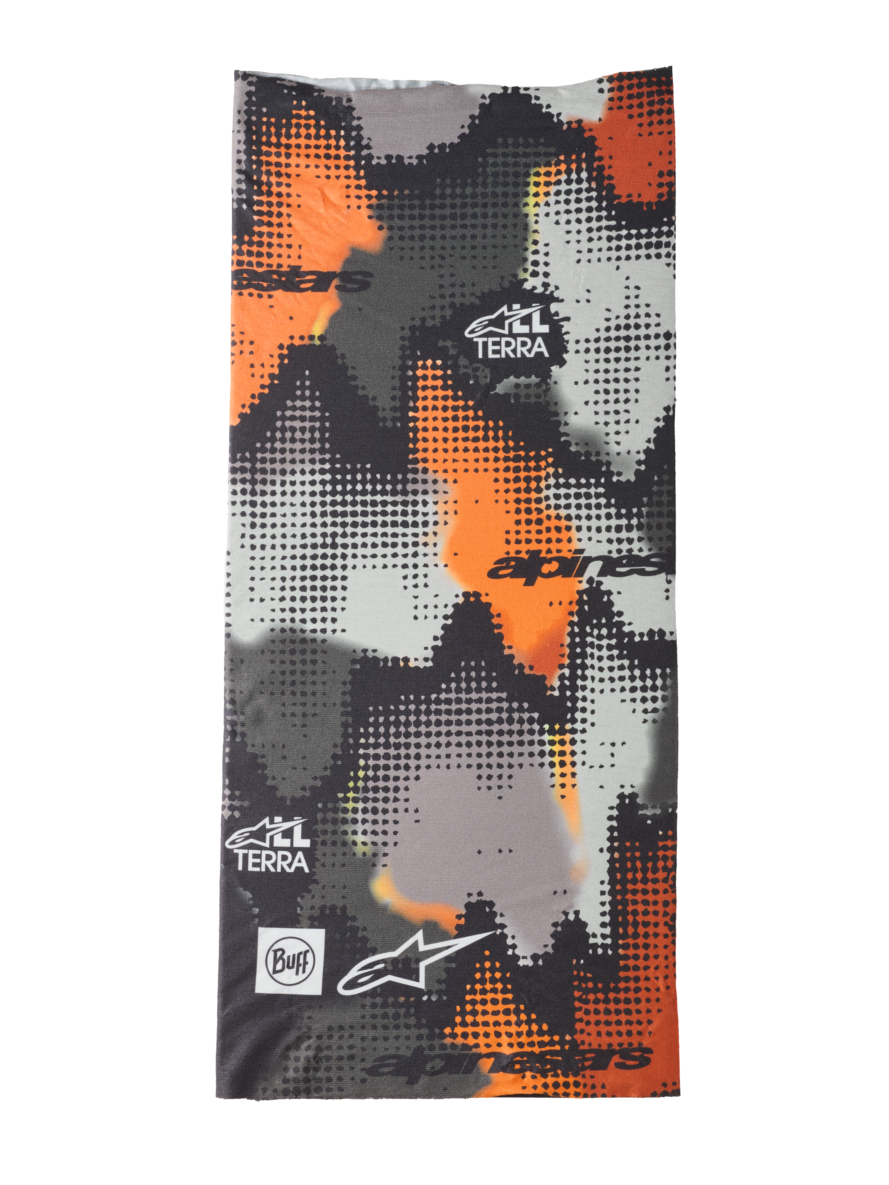 Alpinestars Buff Nazca halsrør, halsvarmer til motorcykel, grå camo og orange fluo, digitalt halvtone-camouflagemønster, med Alpinestars- og Buff-logoer og All Terra-branding, sømløst 4-vejs strækbart materiale til kørsel i varmt vejr