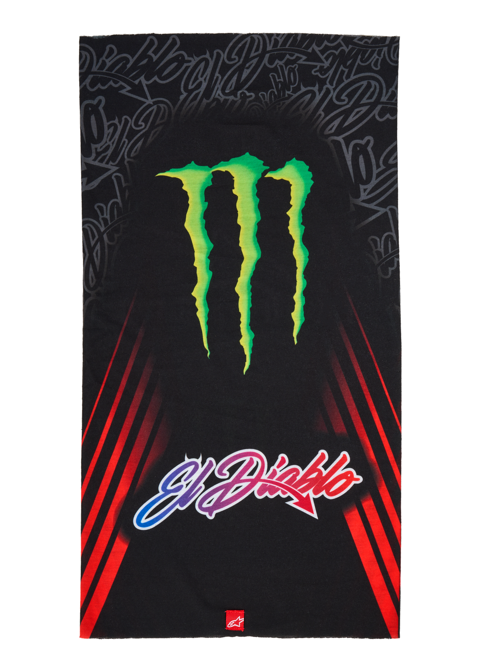 Alpinestars FQ20 Neck Tube Monster, motorcykelhalsrør, sort med et stort grønt Monster Energy-klo-logo og 'El Diablo'-tekst med farveovergang, røde diagonale racestriber på siderne, letvægts tekstiltilbehør til kørsel om foråret og sommeren
