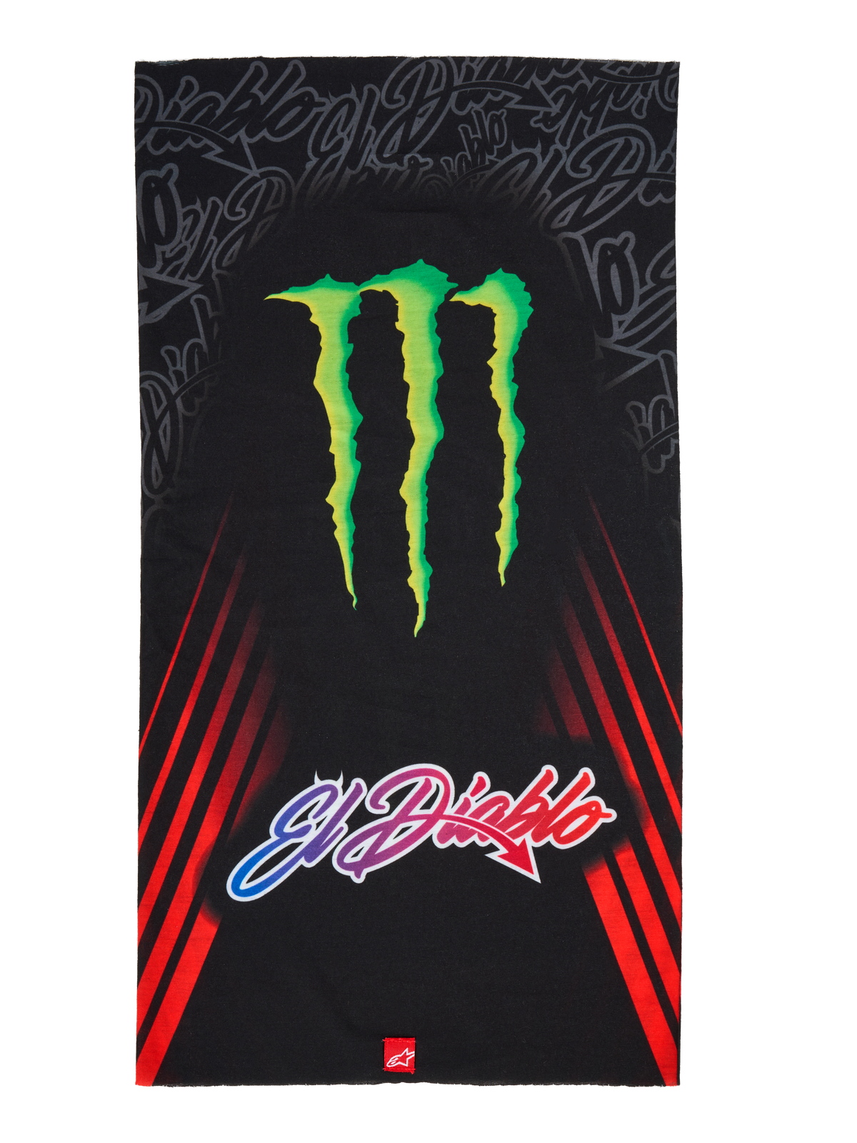 Alpinestars FQ20 Neck Tube Monster, motorcykelhalsrør, sort med et stort grønt Monster Energy-klo-logo og 'El Diablo'-tekst med farveovergang, røde diagonale racestriber på siderne, letvægts tekstiltilbehør til kørsel om foråret og sommeren