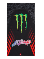 Alpinestars FQ20 Neck Tube Monster, motorcykelhalsrør, sort med et stort grønt Monster Energy-klo-logo og 'El Diablo'-tekst med farveovergang, røde diagonale racestriber på siderne, letvægts tekstiltilbehør til kørsel om foråret og sommeren