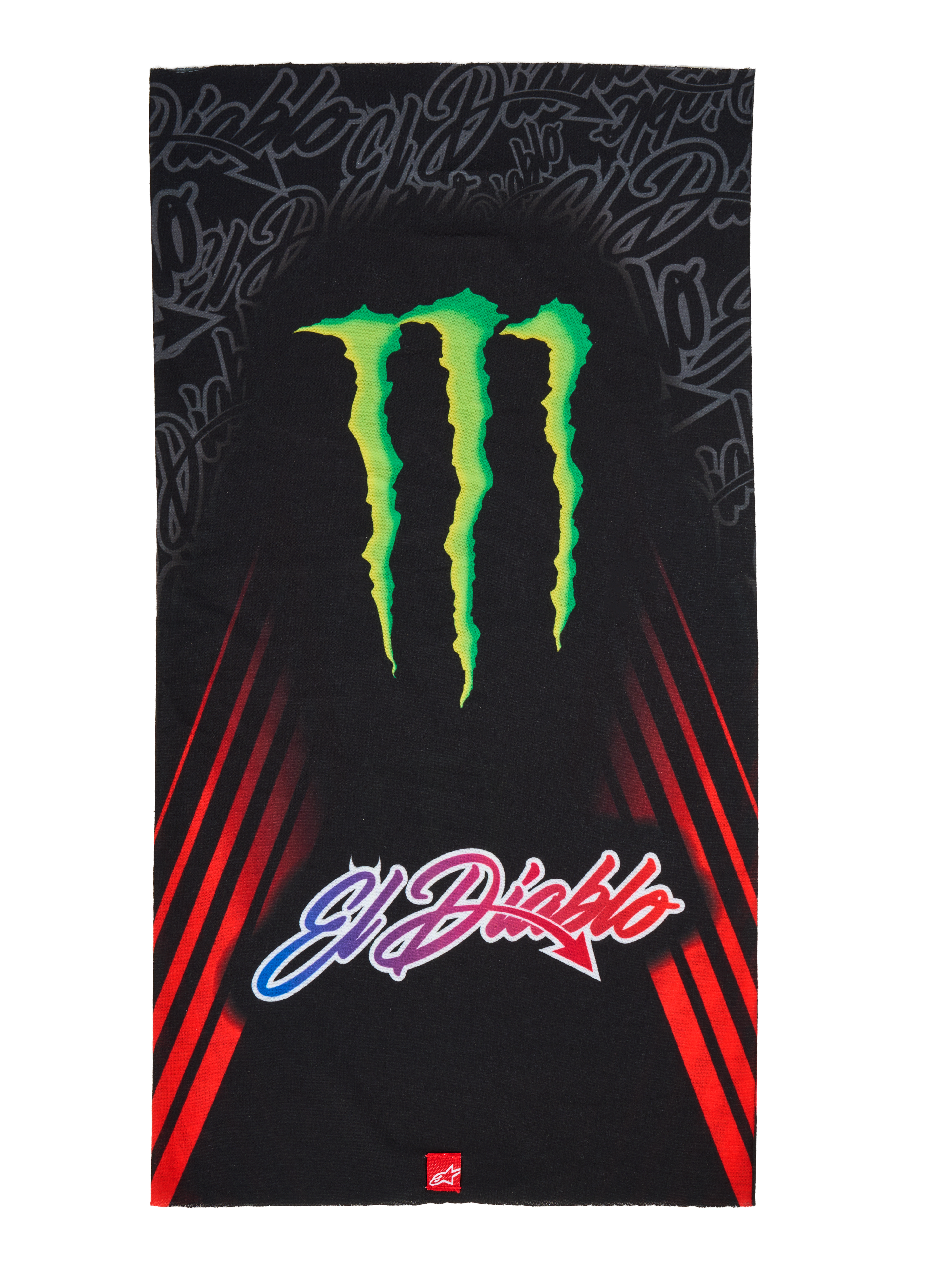 Alpinestars FQ20 Neck Tube Monster, motorcykelhalsrør, sort med et stort grønt Monster Energy-klo-logo og 'El Diablo'-tekst med farveovergang, røde diagonale racestriber på siderne, letvægts tekstiltilbehør til kørsel om foråret og sommeren