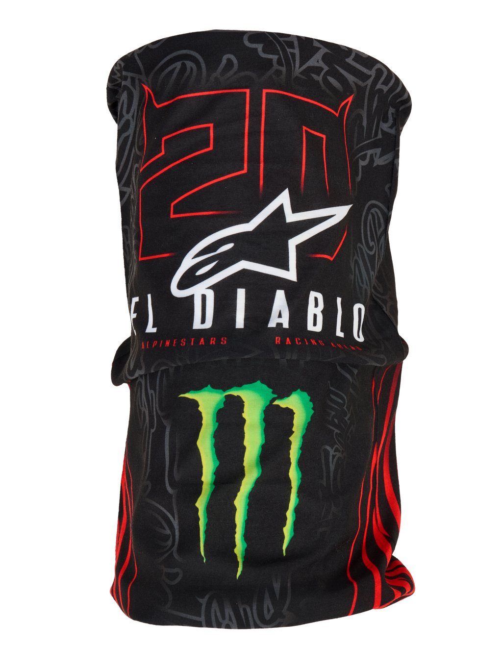 Alpinestars FQ20 Neck Tube Monster, let motorcykel-halsrør, sort med rød '20' og hvid 'El Diablo' grafik, hvidt Alpinestars-logo og grøn Monster Energy-klo, racerinspireret tilbehør med en silkeagtig tekstiltekstur
