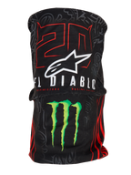 Alpinestars FQ20 Neck Tube Monster, let motorcykel-halsrør, sort med rød '20' og hvid 'El Diablo' grafik, hvidt Alpinestars-logo og grøn Monster Energy-klo, racerinspireret tilbehør med en silkeagtig tekstiltekstur