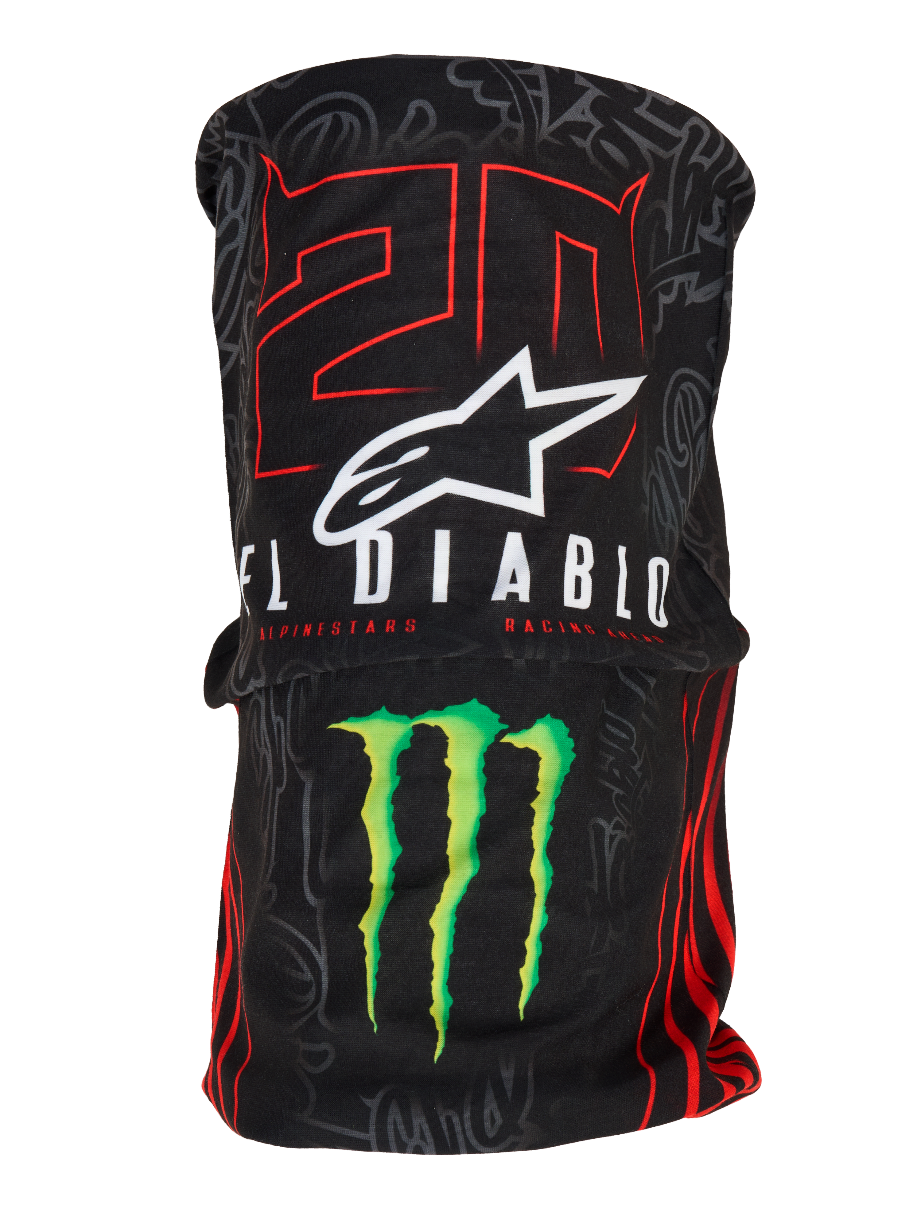 Alpinestars FQ20 Neck Tube Monster, let motorcykel-halsrør, sort med rød '20' og hvid 'El Diablo' grafik, hvidt Alpinestars-logo og grøn Monster Energy-klo, racerinspireret tilbehør med en silkeagtig tekstiltekstur