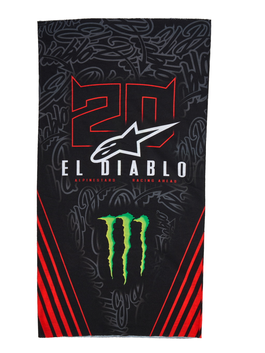 Alpinestars FQ20 Neck Tube Monster, let motorcykel-halsrør, sort med røde og grønne detaljer, med '20' og 'EL DIABLO' grafik, Monster Energy klo-logo, hvidt Alpinestars-logo og røde diagonale striber på en tonet graffiti-baggrund
