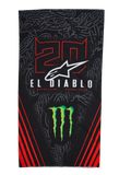 Alpinestars FQ20 Neck Tube Monster, let motorcykel-halsrør, sort med røde og grønne detaljer, med '20' og 'EL DIABLO' grafik, Monster Energy klo-logo, hvidt Alpinestars-logo og røde diagonale striber på en tonet graffiti-baggrund