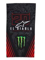 Alpinestars FQ20 Neck Tube Monster, let motorcykel-halsrør, sort med røde og grønne detaljer, med '20' og 'EL DIABLO' grafik, Monster Energy klo-logo, hvidt Alpinestars-logo og røde diagonale striber på en tonet graffiti-baggrund
