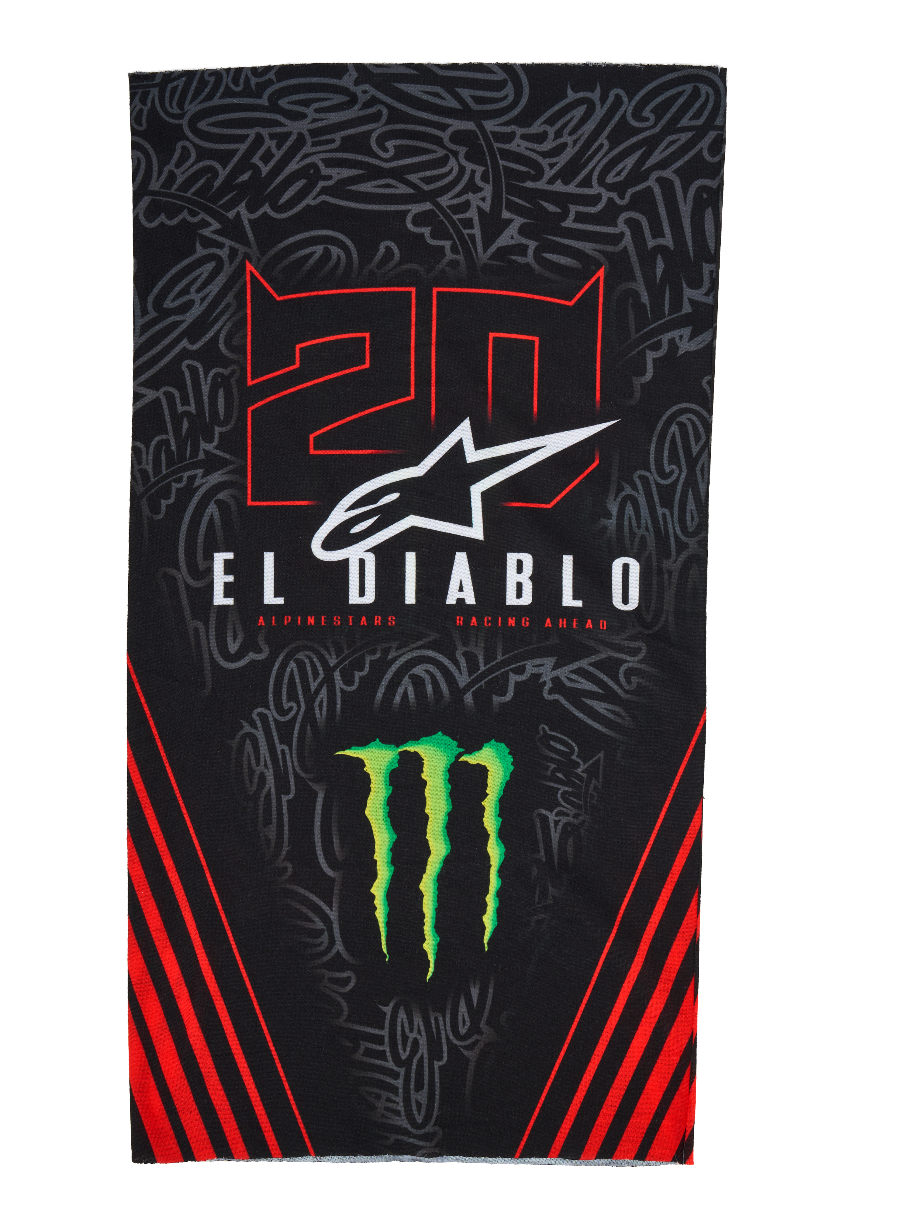 Alpinestars FQ20 Neck Tube Monster, lightweight motorcycle neck tube, Black with Red and Green accents, featuring '20' and 'EL DIABLO' graphics, Monster Energy claw logo, white Alpinestars logo, and red diagonal stripes on a tonal graffiti background