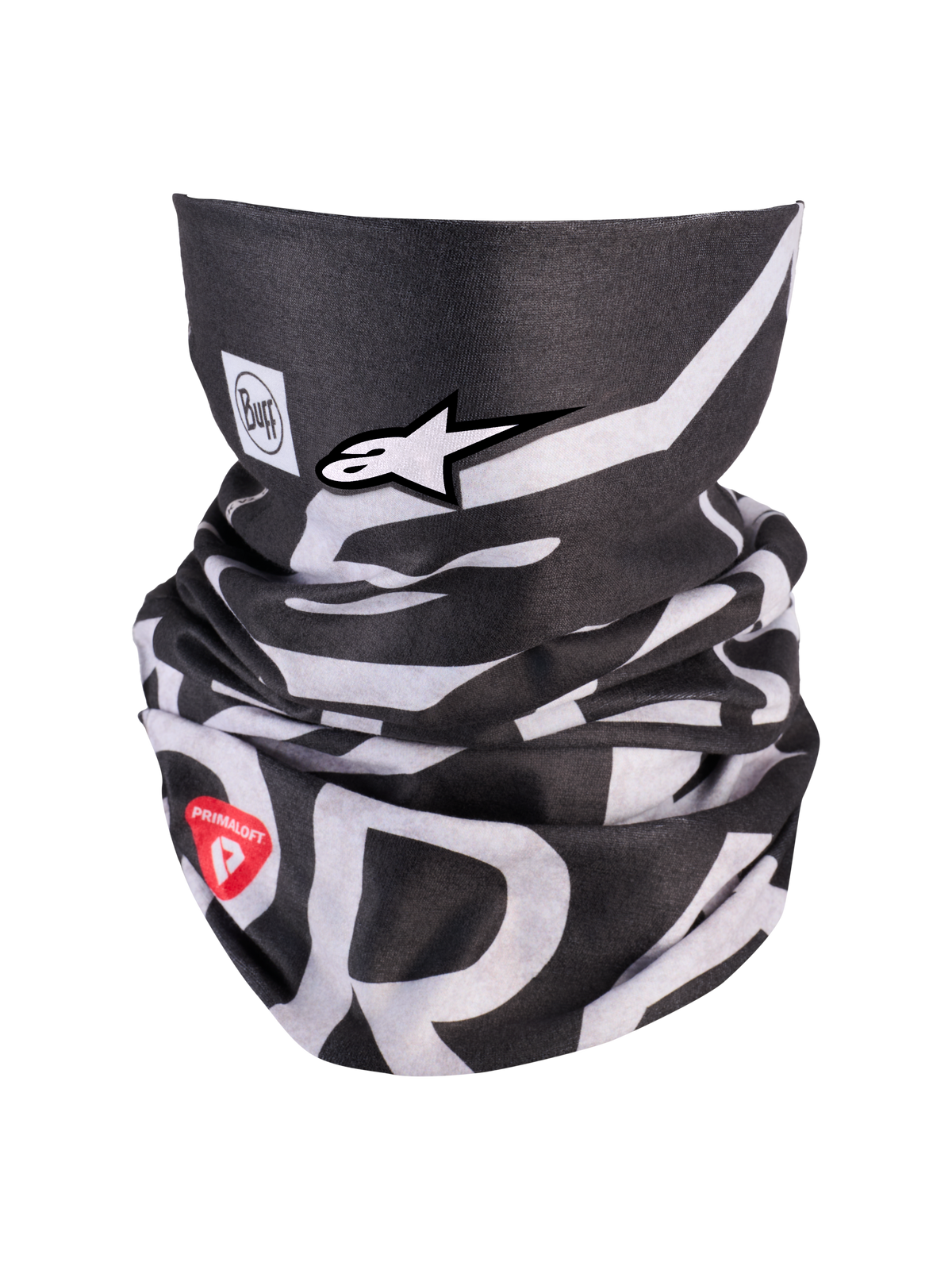 Alpinestars Buff All Terra Primaloft Neck Tube, sort og hvid termisk halsedisse med rødt Primaloft-logo og Alpinestars-logo