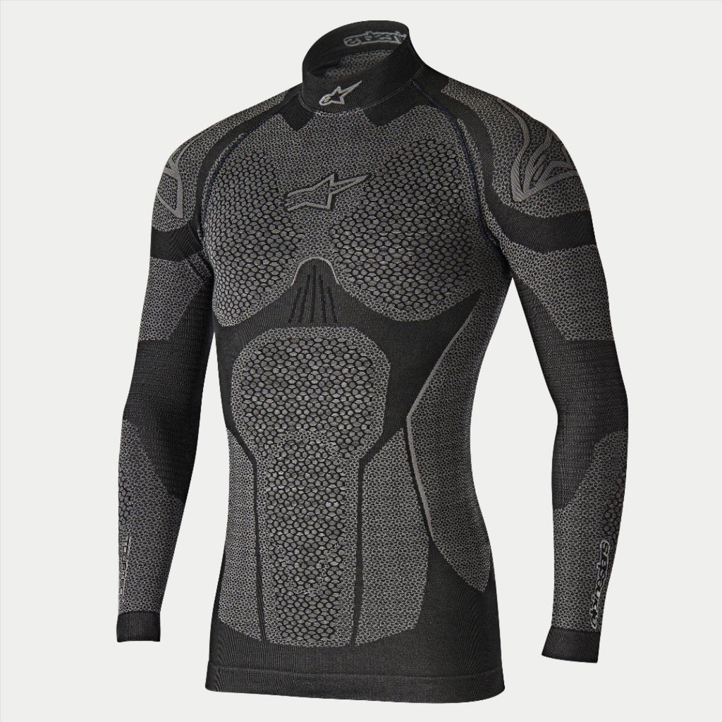 Alpinestars Ride Tech Top Long Sleeve Winter, motorcykel basislag, sort og grå, teknisk langærmet top med bikubestrukturerede paneler med dobbelt tæthed, kompressionspasform, høj hals med hvidt Alpinestars-logo, teknisk termoundertøj til koldt vejr