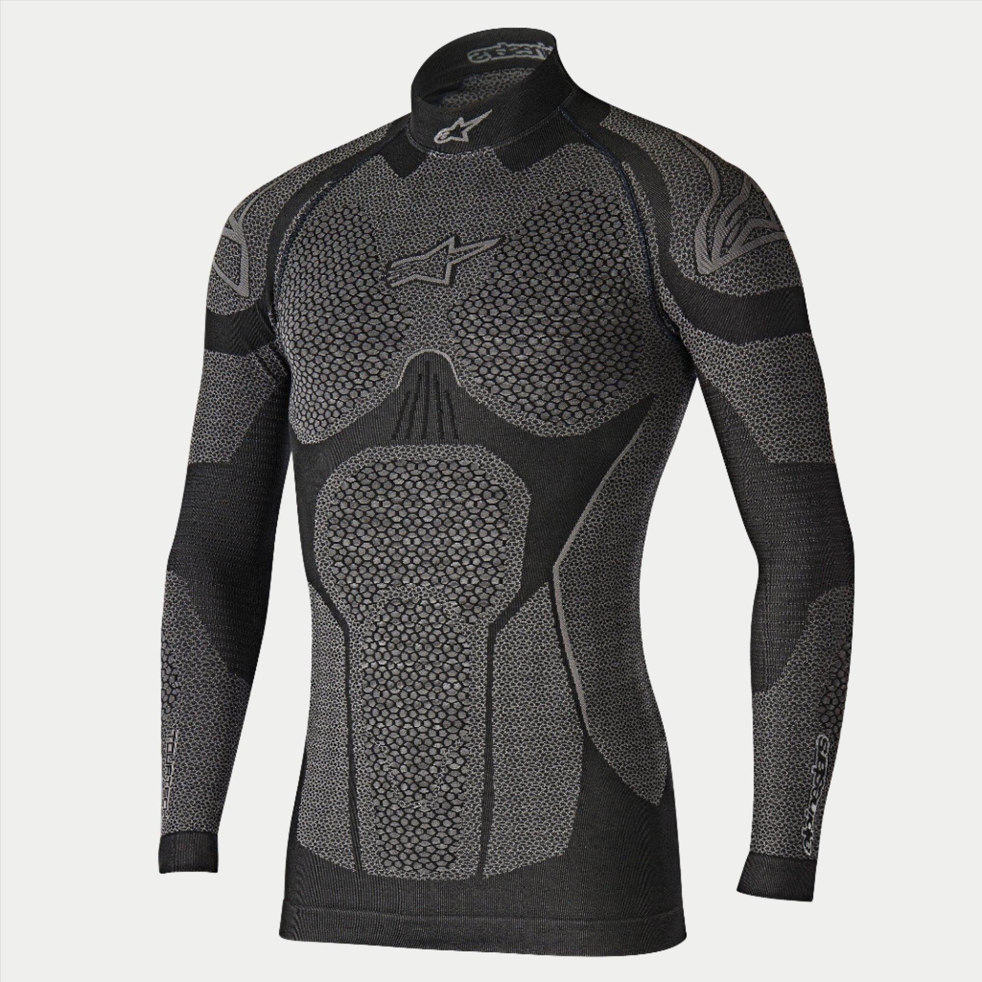 Alpinestars Ride Tech Top Long Sleeve Winter, motorcykel basislag, sort og grå, teknisk langærmet top med bikubestrukturerede paneler med dobbelt tæthed, kompressionspasform, høj hals med hvidt Alpinestars-logo, teknisk termoundertøj til koldt vejr