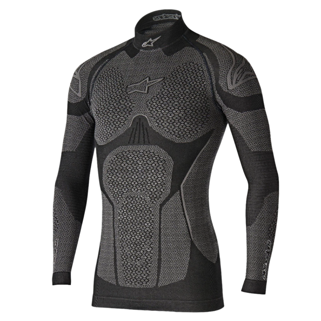 Alpinestars Ride Tech Top Long Sleeve Winter, teknisk basislag, sort og grå, med bikageformede teksturpaneler, halvhøj hals og kompressionspasform til motorcykelkørsel i koldt vejr