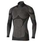 Alpinestars Ride Tech Top Long Sleeve Winter, teknisk basislag, sort og grå, med bikageformede teksturpaneler, halvhøj hals og kompressionspasform til motorcykelkørsel i koldt vejr