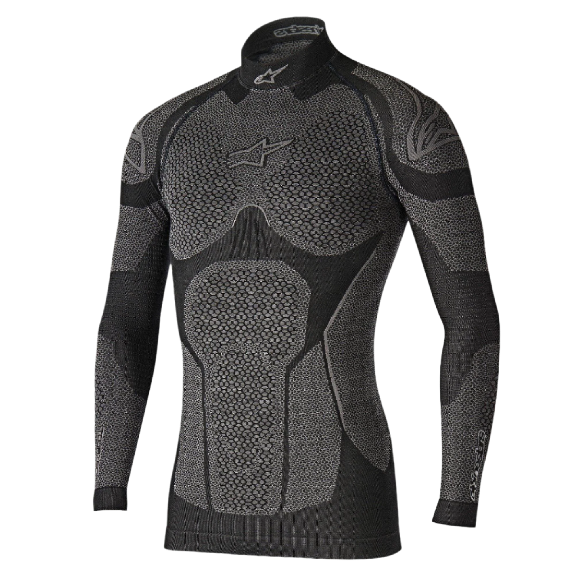 Alpinestars Ride Tech Top Long Sleeve Winter, teknisk basislag, sort og grå, med bikageformede teksturpaneler, halvhøj hals og kompressionspasform til motorcykelkørsel i koldt vejr