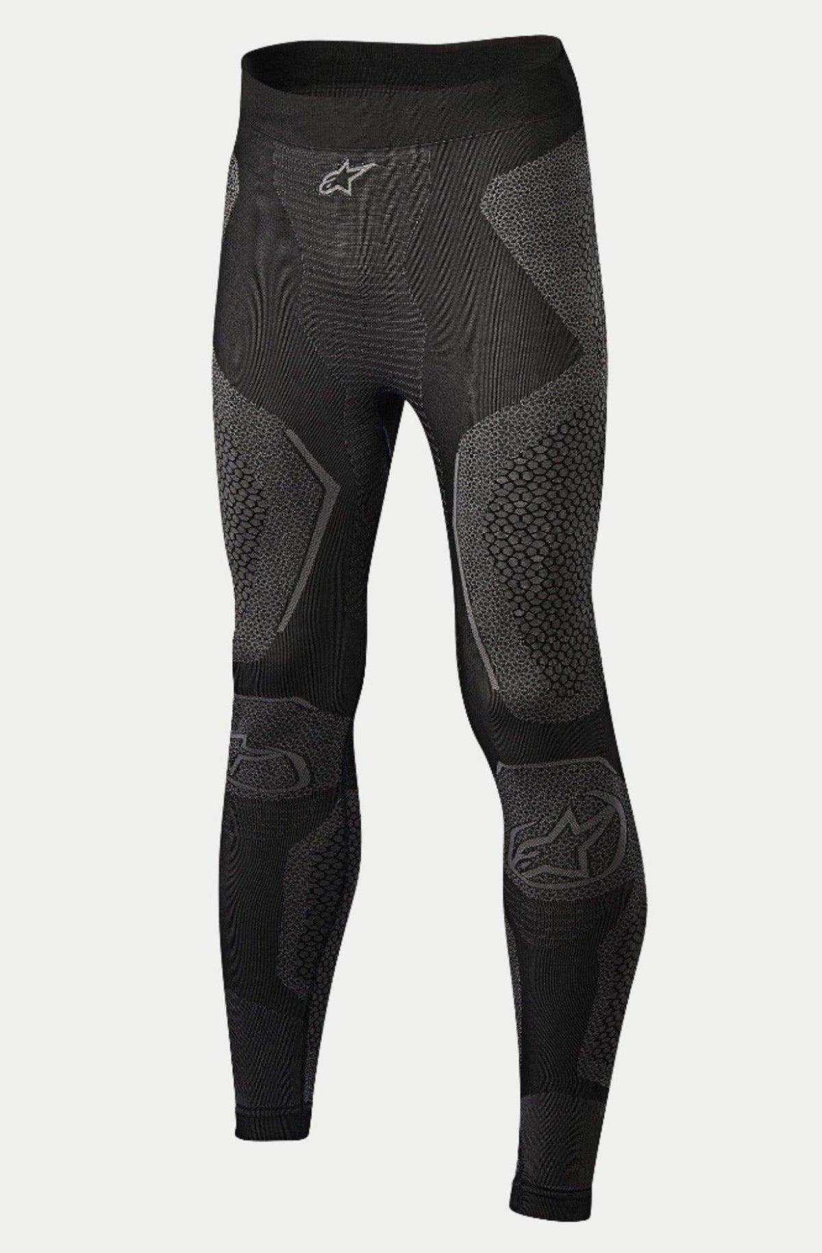 Alpinestars Ride Tech Bottom Winter, Motorcycle Base Layer Pants, Black and Gray, featuring dual-density knit panels with textured patterns, seamless construction, Alpinestars logos on the waistband and shins, designed for cold weather riding