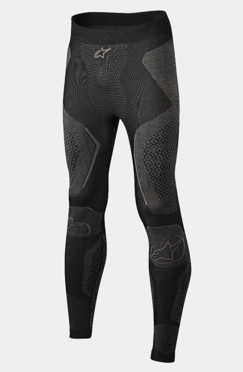 Alpinestars Ride Tech Underdel Winter, motorcykel basislag bukser, sort og grå, med strikkede paneler i dobbelt densitet og teksturerede mønstre, sømløs konstruktion, Alpinestars-logoer på linningen og skinnebenene, designet til kørsel i koldt vejr