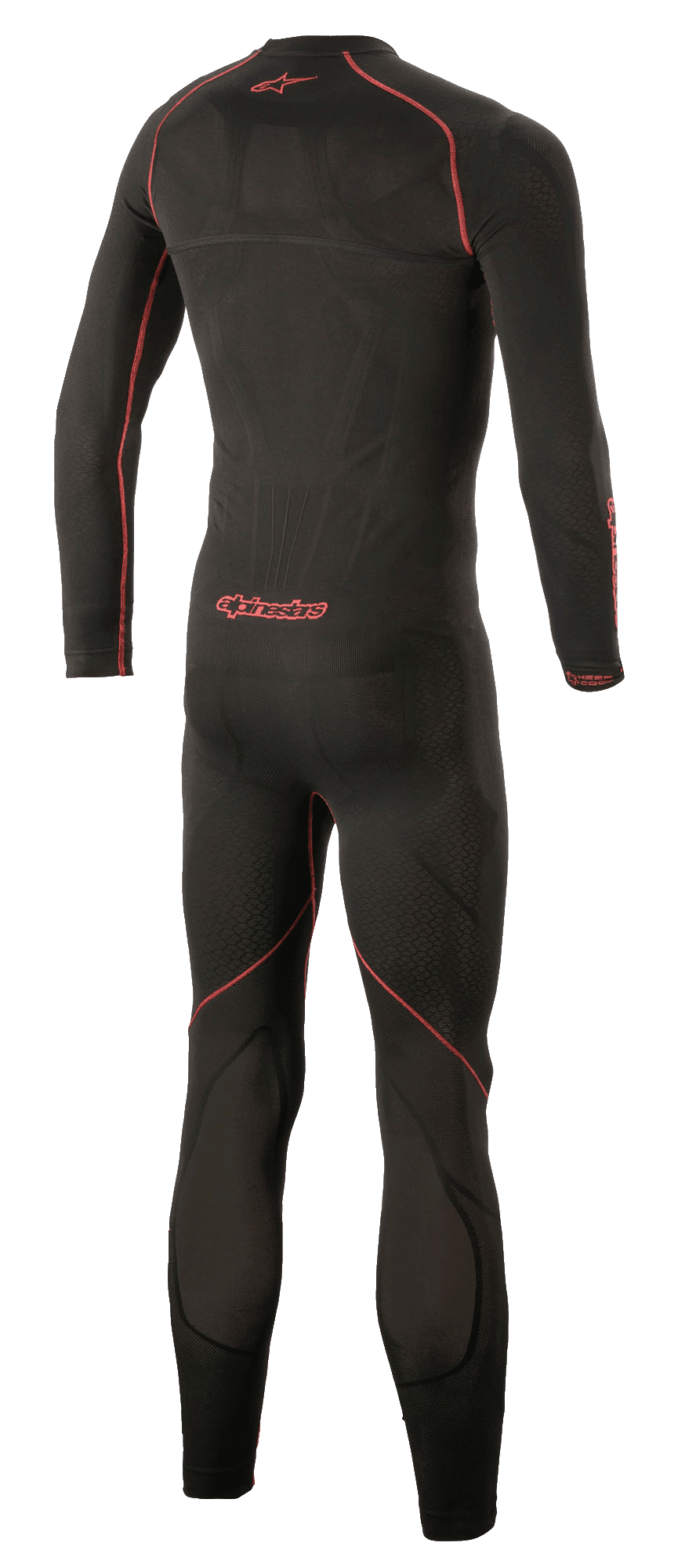 Alpinestars Ride Tech Lite 1-Piece underdragt, teknisk basislag til motorcykel, sort og rød, set bagfra med fokus på røde flade sømme og Alpinestars-logo, sømløs kompressionspasform med åndbare mesh-paneler.