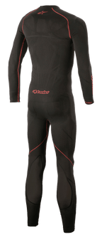 Alpinestars Ride Tech Lite 1-Piece underdragt, teknisk basislag til motorcykel, sort og rød, set bagfra med fokus på røde flade sømme og Alpinestars-logo, sømløs kompressionspasform med åndbare mesh-paneler.