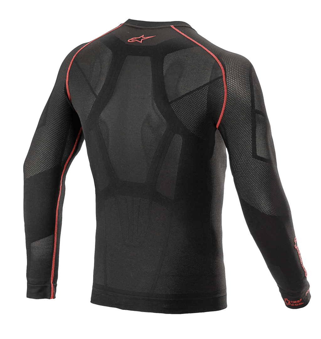 Alpinestars Ride Tech V2 Langærmet Top Summer, motorcykel-baselayer, sort og rød, set bagfra med kropskortlagt konstruktion med åbne mesh-indsatser, røde flade sømme og rødt Alpinestars-logo på rygkraven, teknisk underlag til varmt vejr.