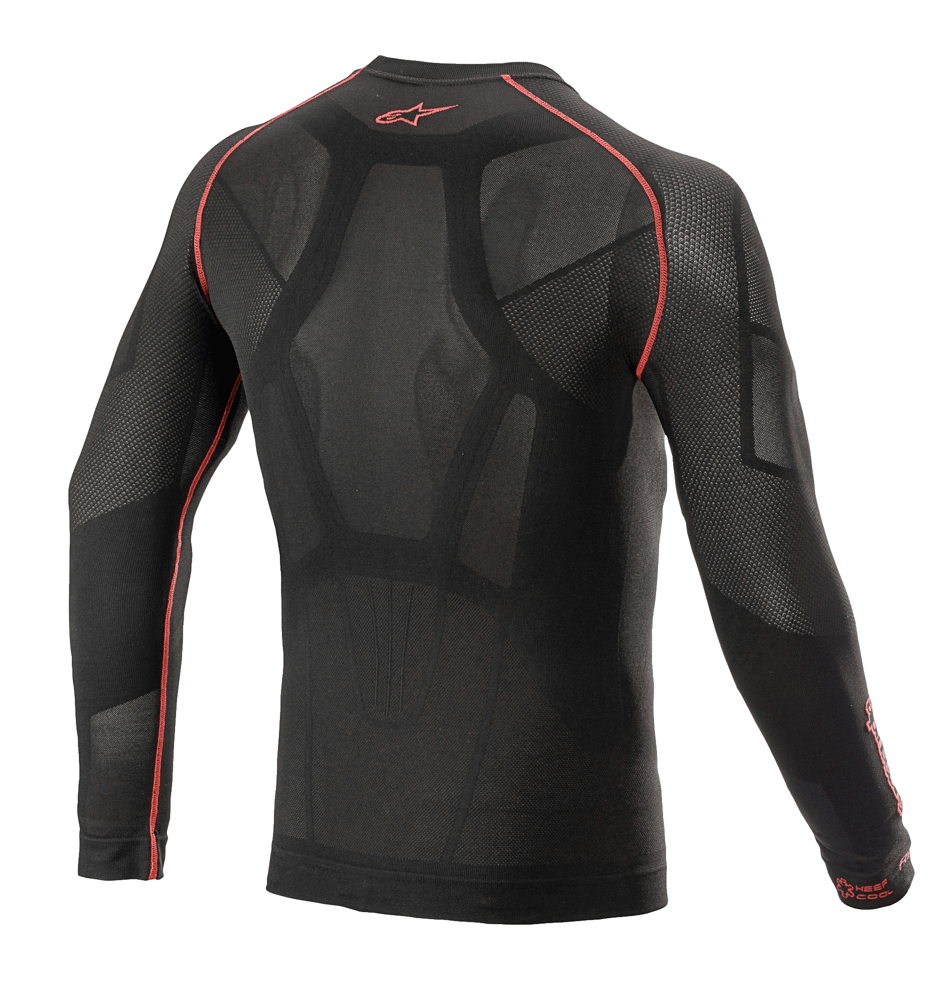Alpinestars Ride Tech V2 Langærmet Top Summer, motorcykel-baselayer, sort og rød, set bagfra med kropskortlagt konstruktion med åbne mesh-indsatser, røde flade sømme og rødt Alpinestars-logo på rygkraven, teknisk underlag til varmt vejr.