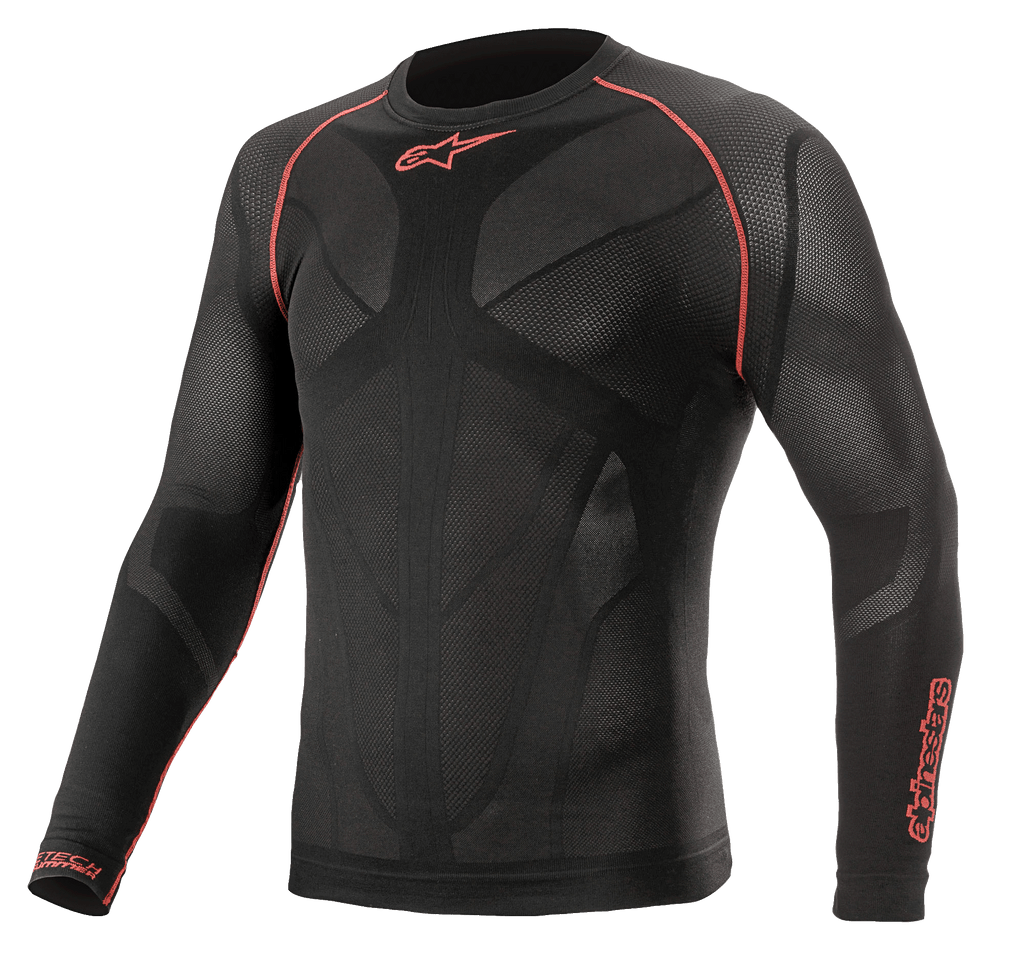 Alpinestars Ride Tech V2 Top Long Sleeve Summer, motorcykel-baselayer, sort og rød, med åndbare kropskortlagte mesh-paneler, røde flatlock-syninger på skuldrene og Alpinestars-logoer på brystet og ærmet