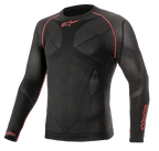 Alpinestars Ride Tech V2 Top Long Sleeve Summer, motorcykel-baselayer, sort og rød, med åndbare kropskortlagte mesh-paneler, røde flatlock-syninger på skuldrene og Alpinestars-logoer på brystet og ærmet