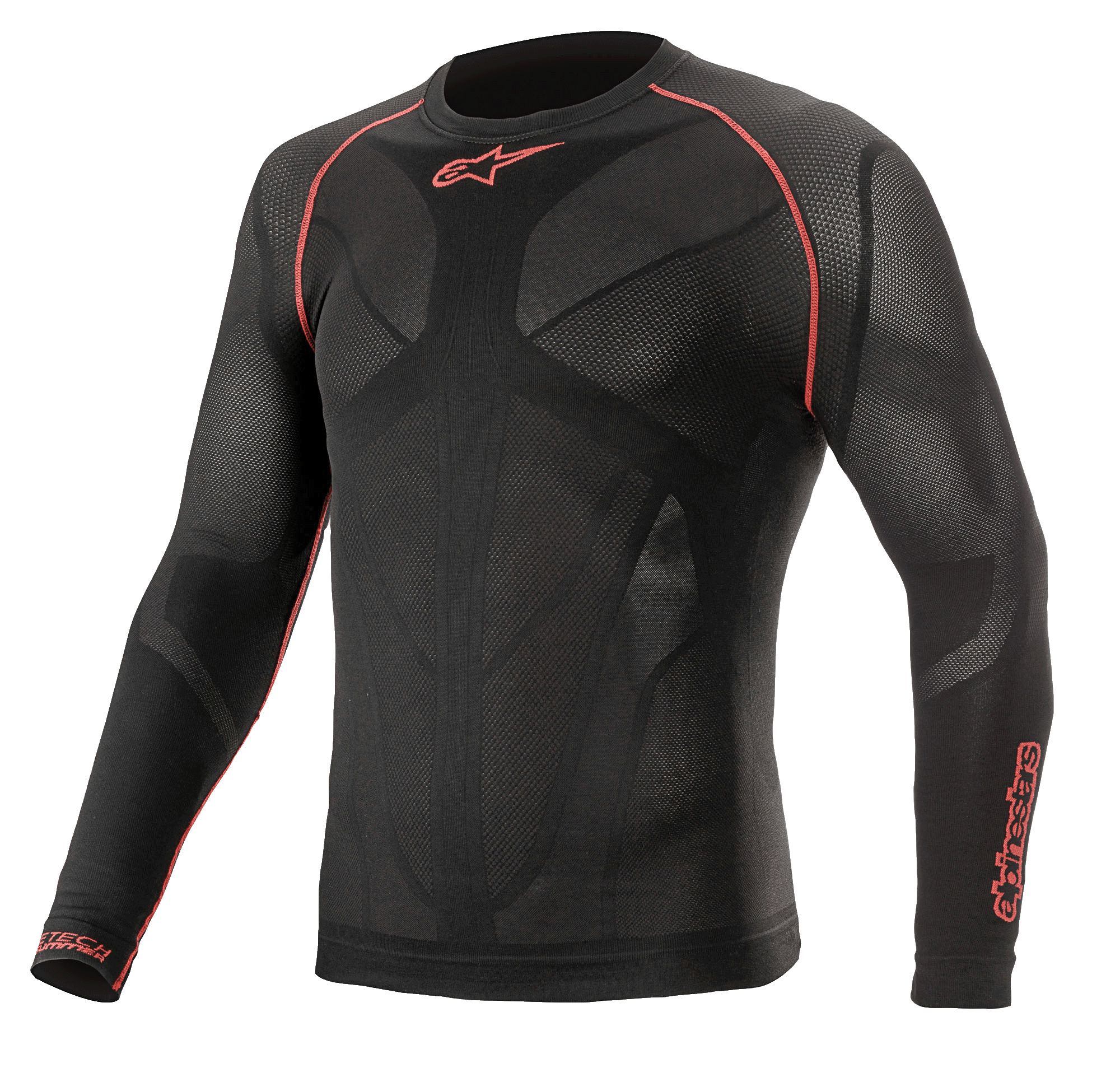 Alpinestars Ride Tech V2 Top Long Sleeve Summer, motorcykel-baselayer, sort og rød, med åndbare kropskortlagte mesh-paneler, røde flatlock-syninger på skuldrene og Alpinestars-logoer på brystet og ærmet