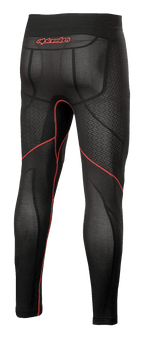 Alpinestars Ride Tech V2 Bottom Summer, motorcykel-base layer-bukser, sort og rød, set bagfra med røde kontrastsyninger, rødt Alpinestars-logo på linningen, åndbare mesh-teksturerede paneler til kørsel i varmt vejr