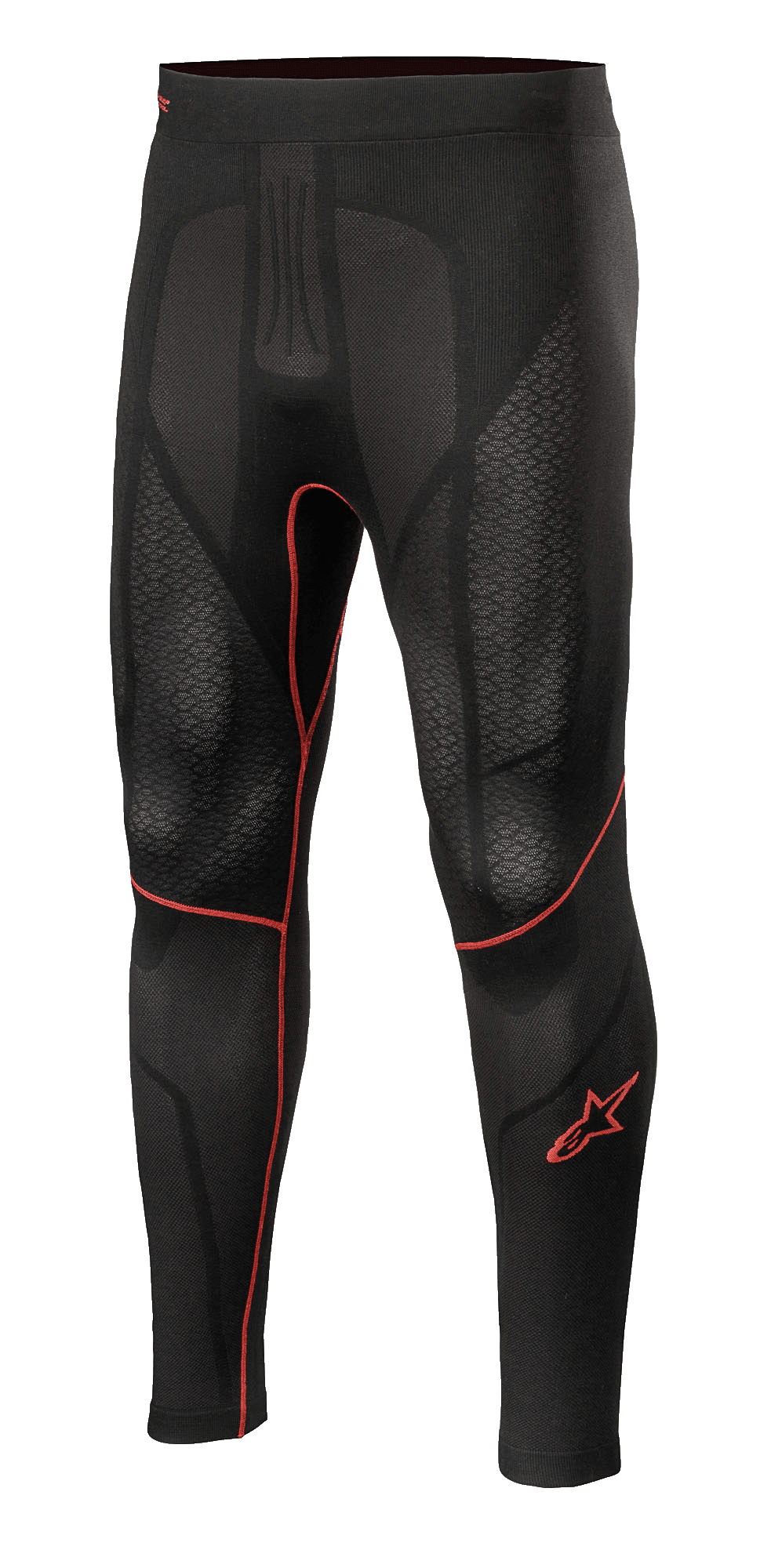 Alpinestars Ride Tech V2 Bottom Summer, motorcykel base layer bukser, sort med røde detaljer, teksturerede mesh-paneler, rødt stjerne-logo på benet, åndbart kompressionslag til sommerbrug