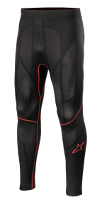 Alpinestars Ride Tech V2 Bottom Summer, motorcykel base layer bukser, sort med røde detaljer, teksturerede mesh-paneler, rødt stjerne-logo på benet, åndbart kompressionslag til sommerbrug