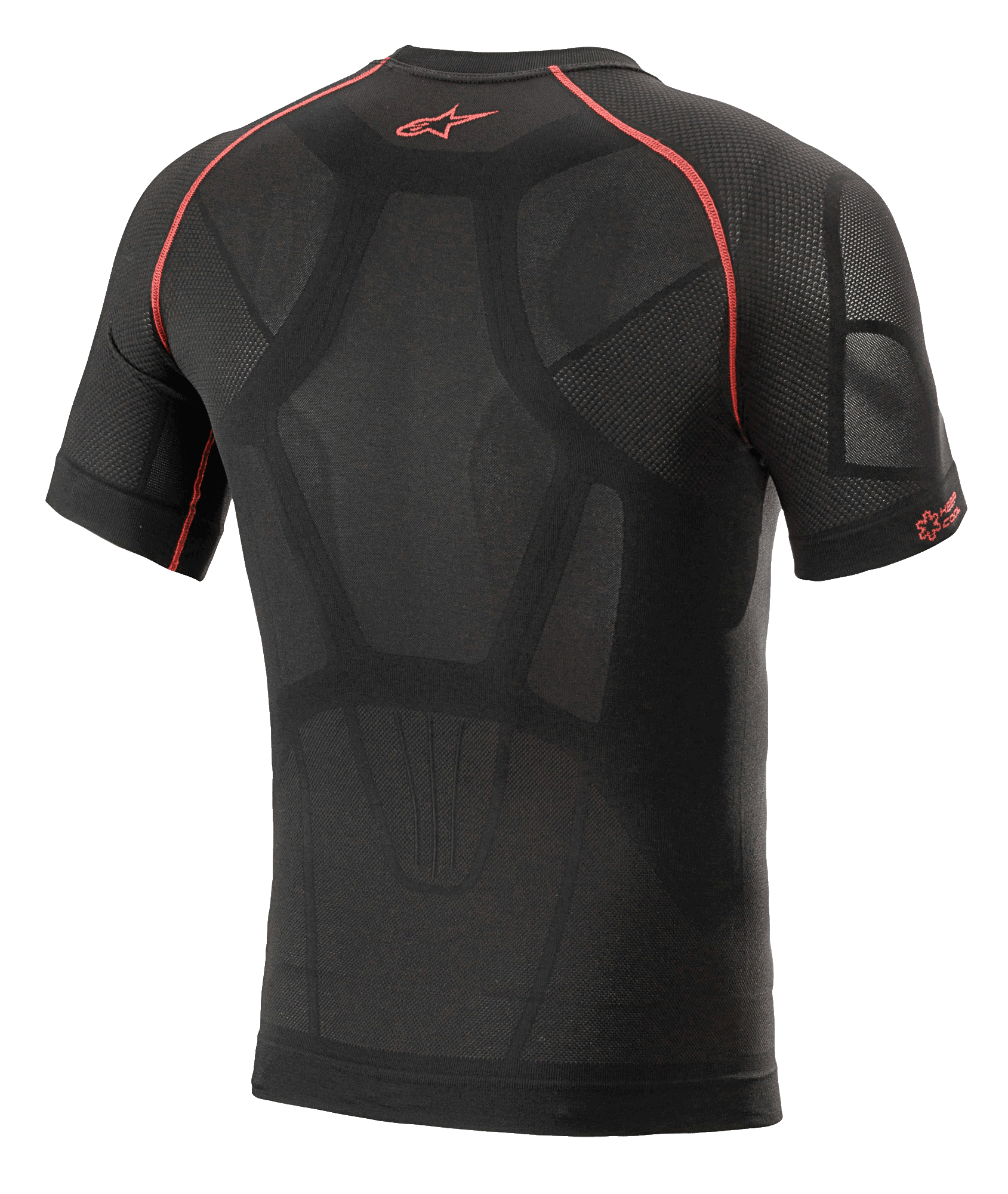 Alpinestars Ride Tech V2 Top Kortærmet Sommer, motorcykel baselayer, sort og rød, set bagfra med kropskortlagt konstruktion, mesh-ventilationspaneler, røde kontrastsyninger og rødt Astars-logo på øverste del af ryggen