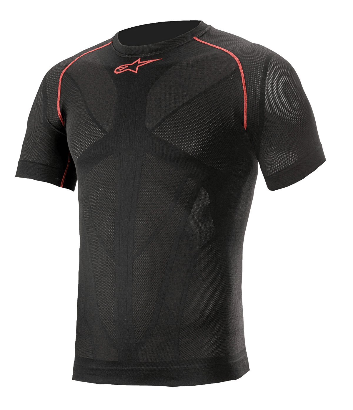 Alpinestars Ride Tech V2 Top Short Sleeve Summer, sort med røde detaljer, kortærmet baselayer til motorcykel, kompressionspasform med kropskortlagte mesh-ventilationspaneler, teknisk performancetøj til vej- og banekørsel om sommeren