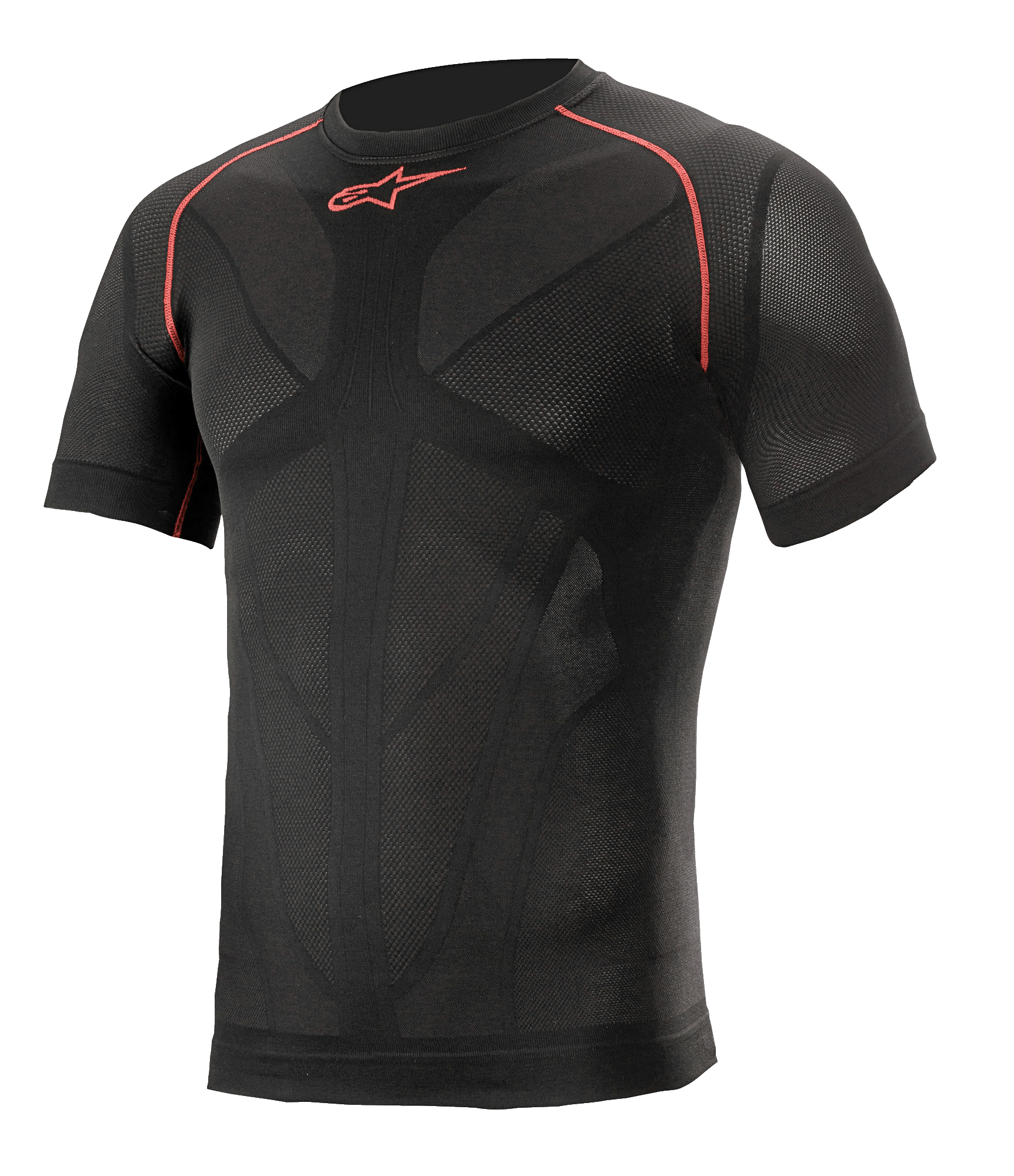 Alpinestars Ride Tech V2 Top Short Sleeve Summer, sort med røde detaljer, kortærmet baselayer til motorcykel, kompressionspasform med kropskortlagte mesh-ventilationspaneler, teknisk performancetøj til vej- og banekørsel om sommeren