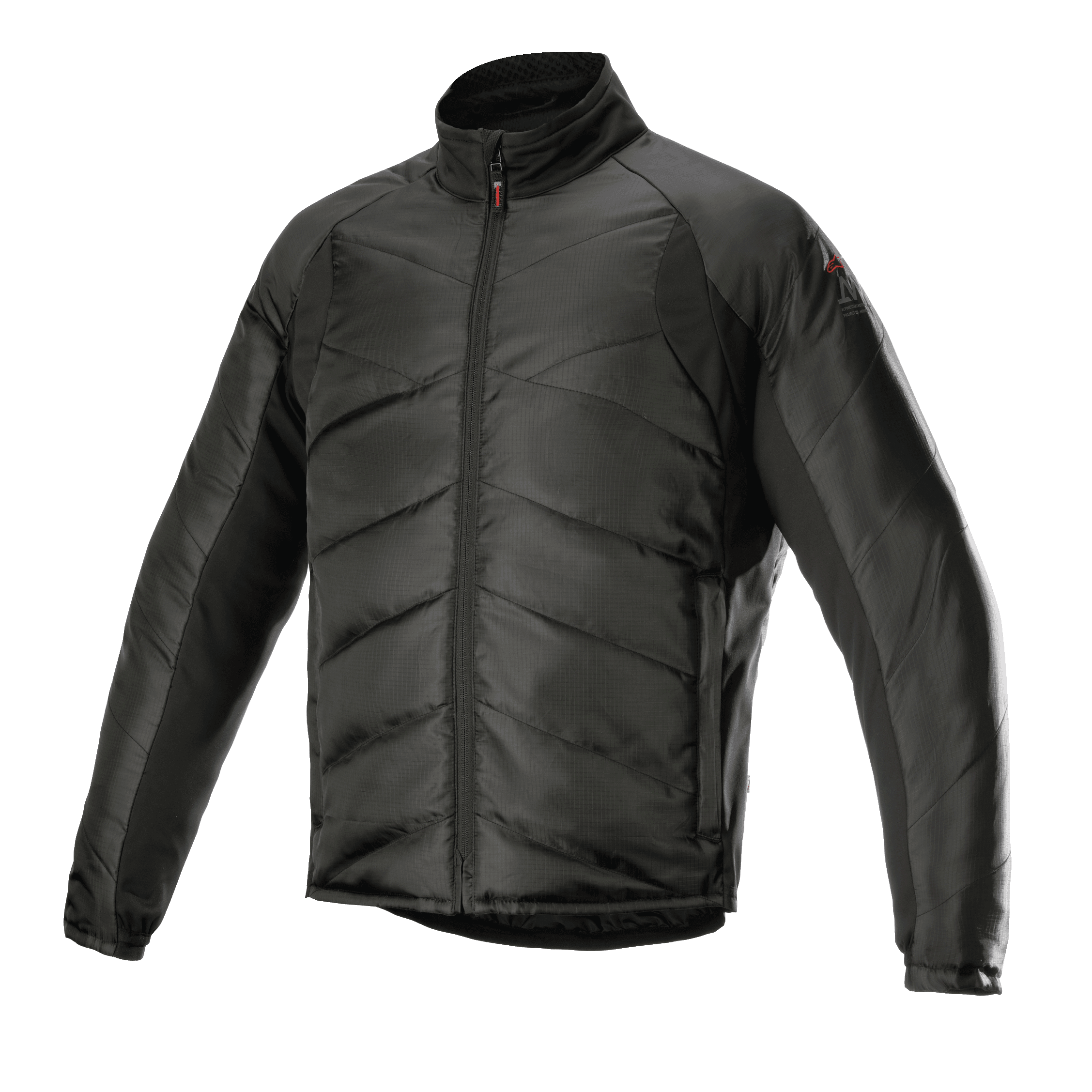 Alpinestars AMT Thermal Liner, sort termisk mellemlagsjakke, med quiltet diagonal polstring og ripstop-materiale, høj krave, gennemgående lynlås foran, letvægtsisolering til motorcykel adventure touring