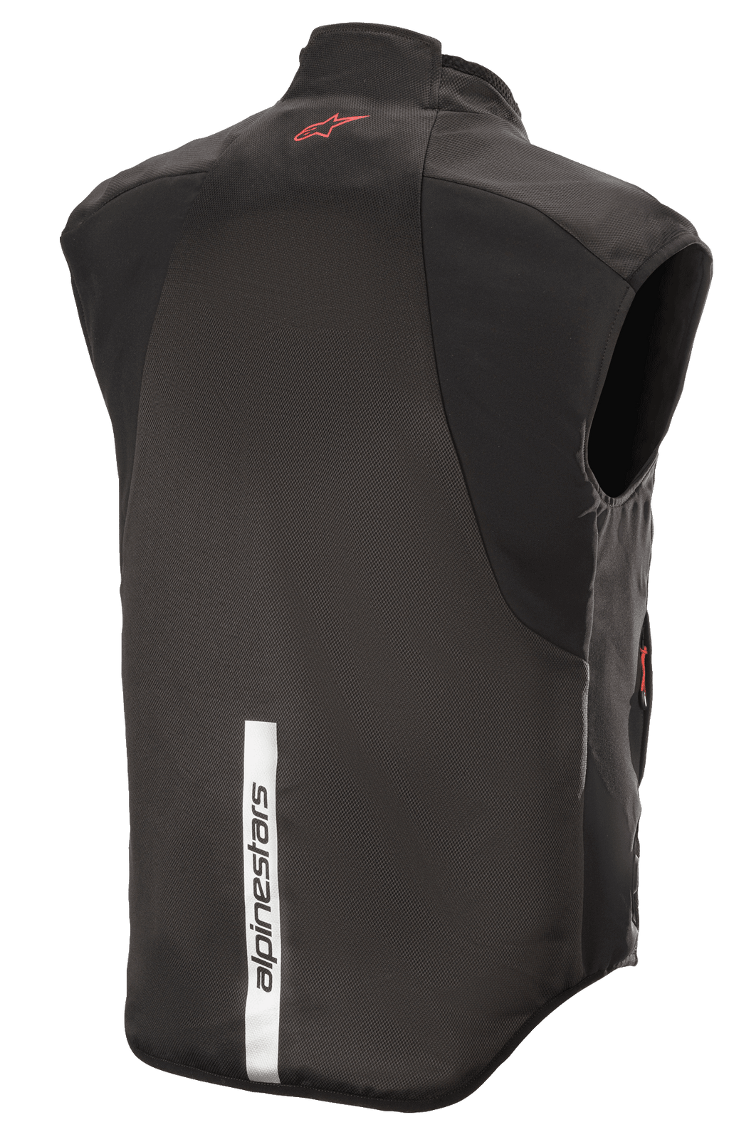 Alpinestars HT Heat Tech Vest, sort, set bagfra med rødt Astars-logo øverst på ryggen og en lodret hvid refleksstribe med Alpinestars-branding nederst, opvarmet underlag til motorcykel