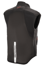 Alpinestars HT Heat Tech Vest, sort, set bagfra med rødt Astars-logo øverst på ryggen og en lodret hvid refleksstribe med Alpinestars-branding nederst, opvarmet underlag til motorcykel