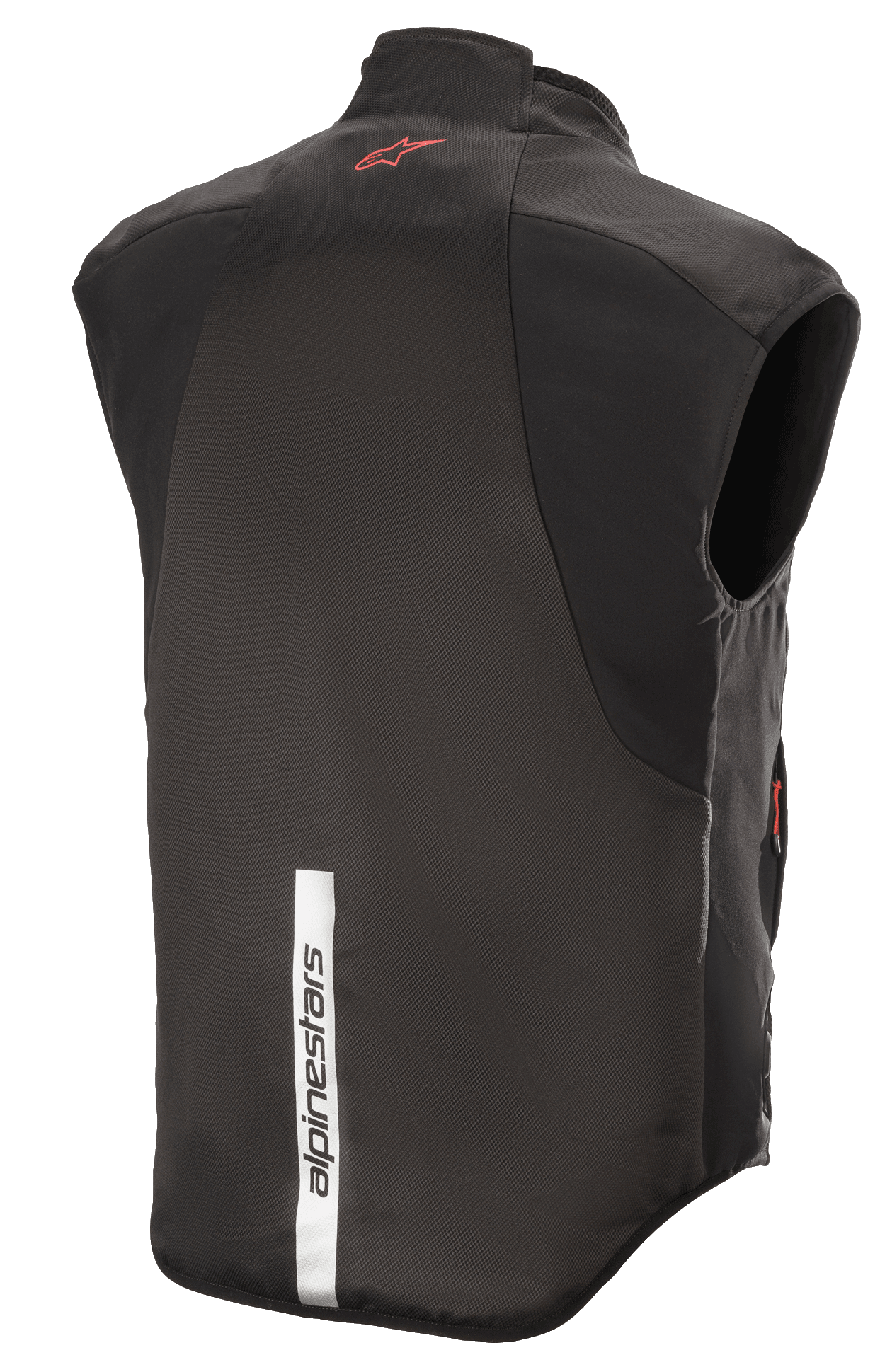 Alpinestars HT Heat Tech Vest, sort, set bagfra med rødt Astars-logo øverst på ryggen og en lodret hvid refleksstribe med Alpinestars-branding nederst, opvarmet underlag til motorcykel