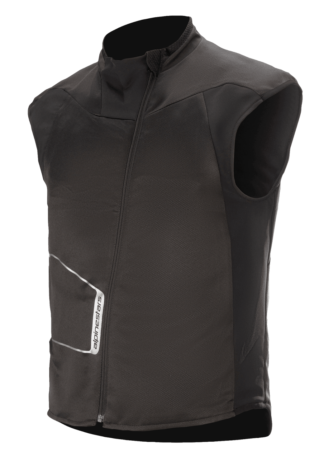 Alpinestars HT Heat Tech Vest, sort ærmeløst opvarmet motorcykelbaselag, høj krave med asymmetrisk vinklet frontlynlås, teknisk tekstilkonstruktion med hvidt Alpinestars-logo, termisk underlag til vintereventyr og landevejskørsel