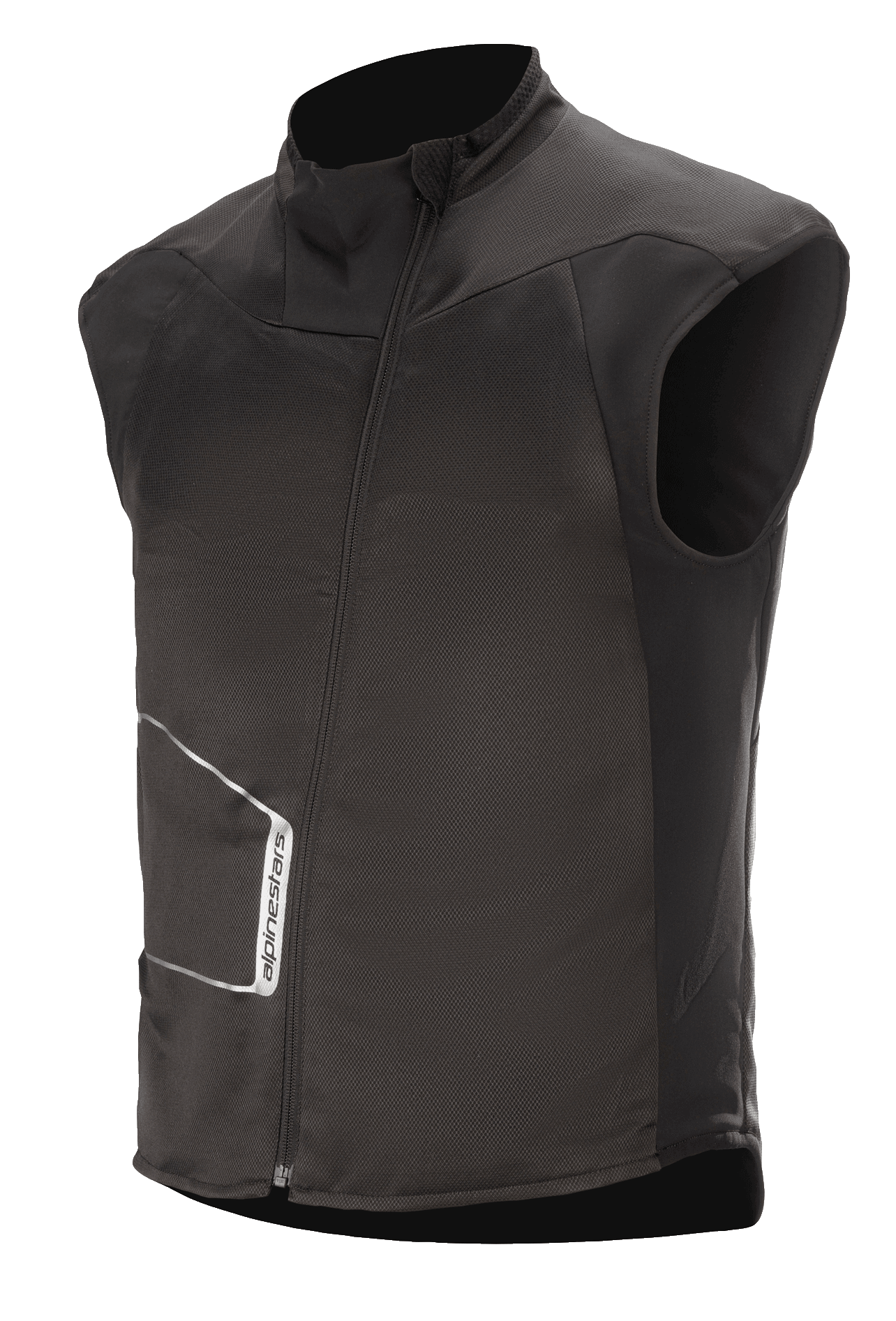 Alpinestars HT Heat Tech Vest, sort ærmeløst opvarmet motorcykelbaselag, høj krave med asymmetrisk vinklet frontlynlås, teknisk tekstilkonstruktion med hvidt Alpinestars-logo, termisk underlag til vintereventyr og landevejskørsel