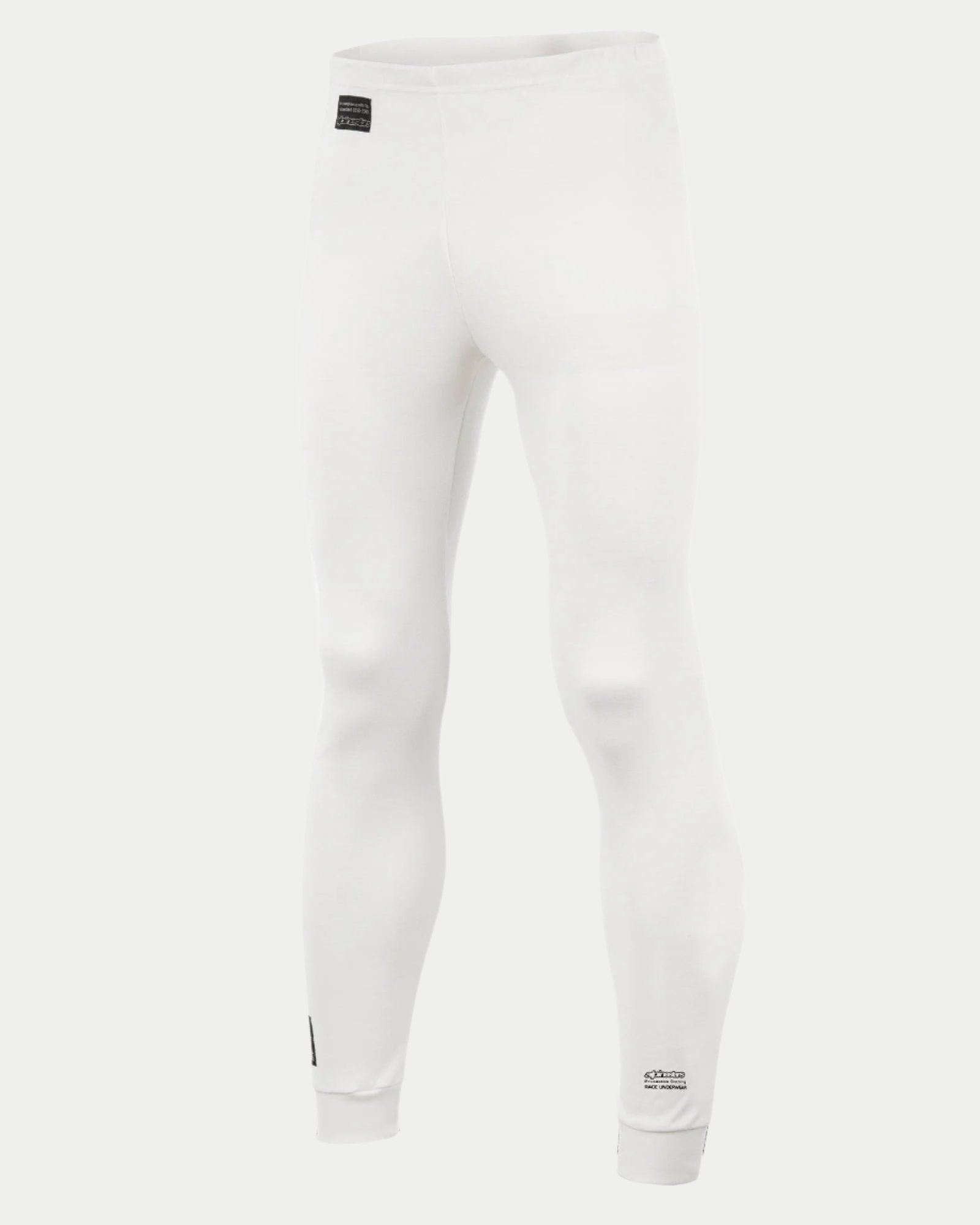 Alpinestars Race Bottom FIA, Auto Racing Base Layer Pants, White, featuring black FIA label on hip and branding on the lower leg, lightweight and breathable fireproof textile for professional motorsport
