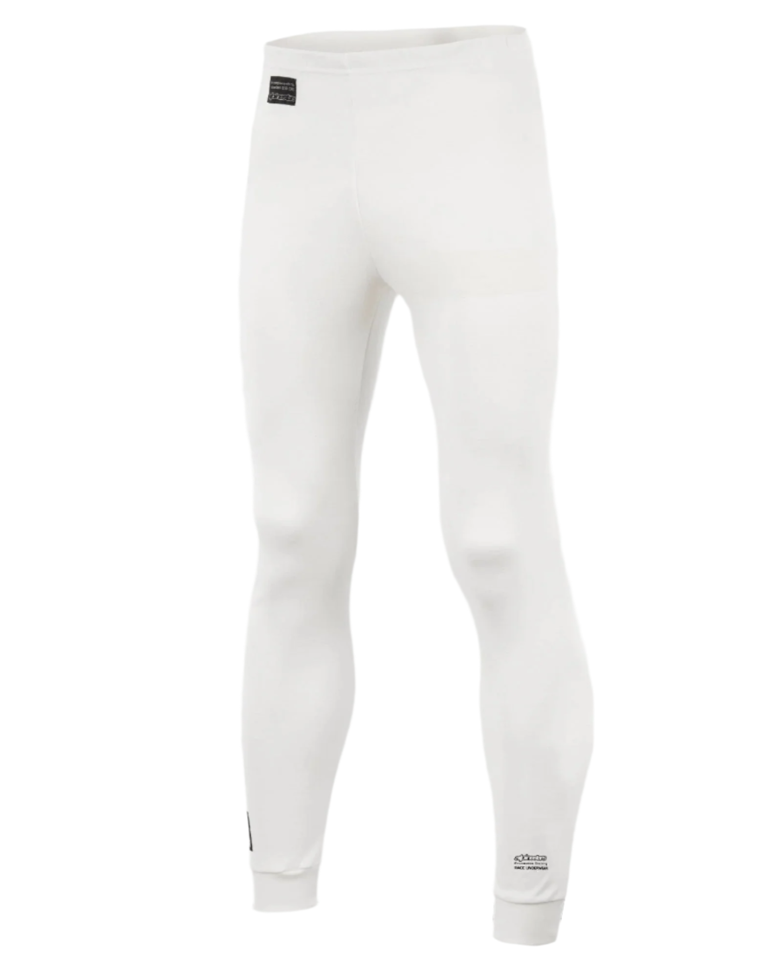 Alpinestars Race Bottom FIA, Auto Racing Base Layer Pants, White with black logo patches, lightweight and flame-resistant textile, designed for wear under a driving suit