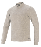 Alpinestars Race V3 langærmet top, basislag til bilracing, grå, høj hals med sort stjernelogo, lange ærmer, struktureret flammehæmmende materiale og Alpinestars-branding på sømmen