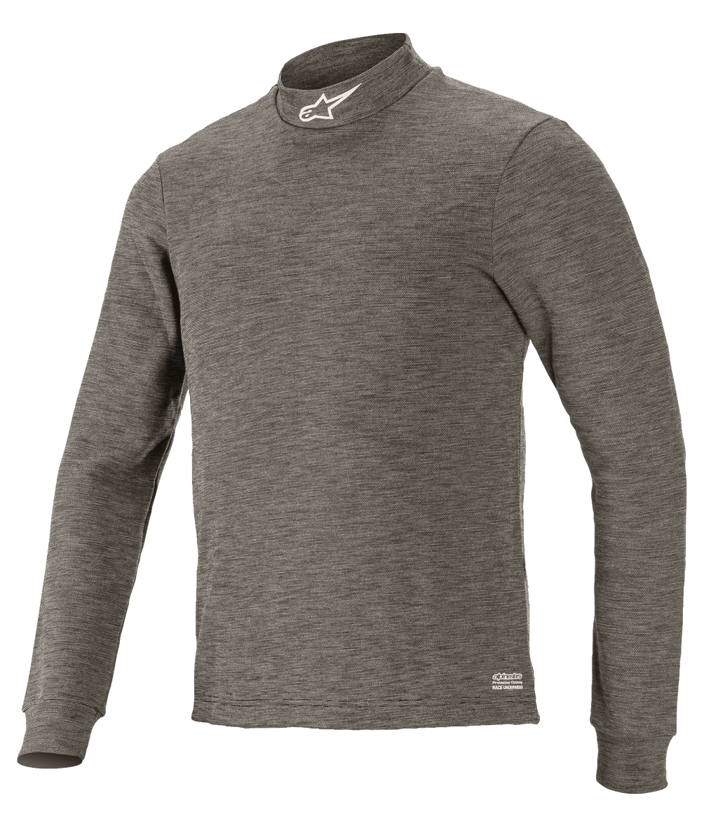 Alpinestars Race V3 langærmet top, teknisk motorsport-basislag, Anthracite Melange grå, mock neck med hvidt stjernelogo, lange ærmer, meleret flammehæmmende stof, professionelt underlag til racerløb