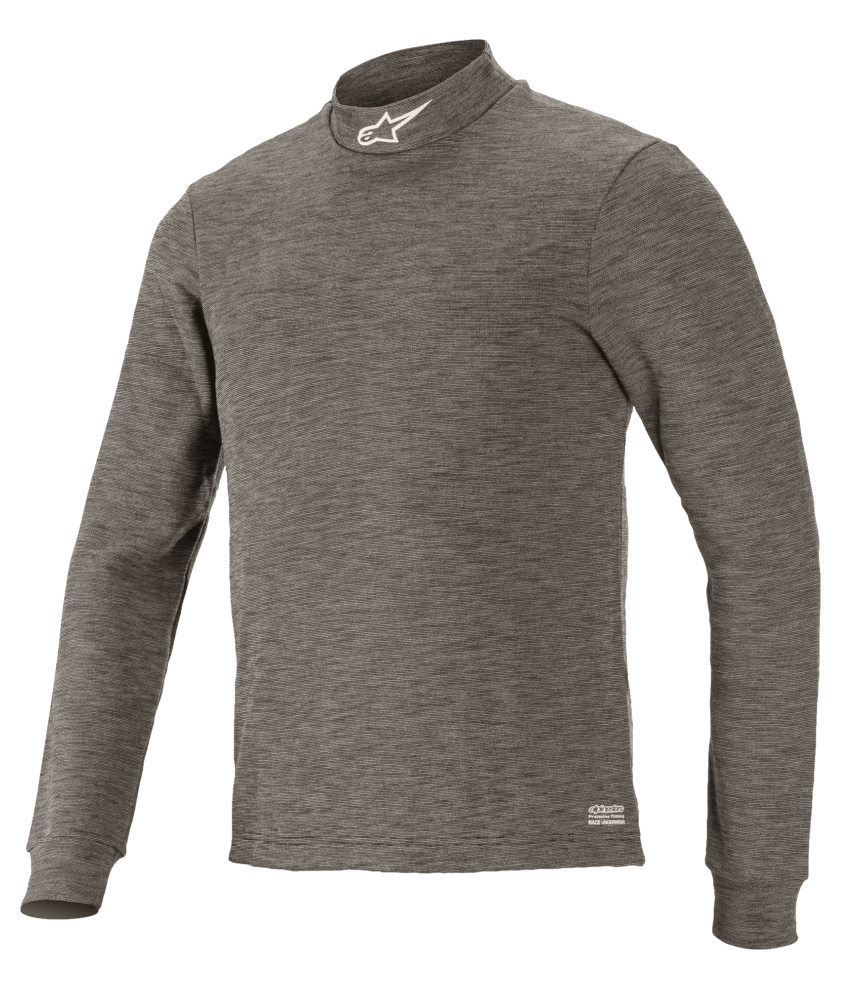 Alpinestars Race V3 langærmet top, teknisk motorsport-basislag, Anthracite Melange grå, mock neck med hvidt stjernelogo, lange ærmer, meleret flammehæmmende stof, professionelt underlag til racerløb
