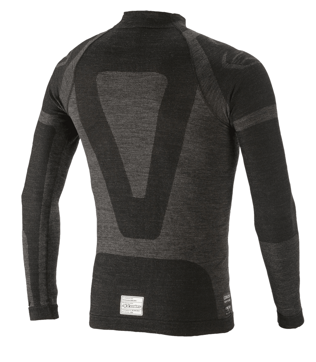 Alpinestars ZX Evo V2 langærmet top, base layer til motorsport, sort og grå, set bagfra med teknisk jacquard-design, sømløs tubulær konstruktion og FIA/SFI-certificeringsmærke ved kanten