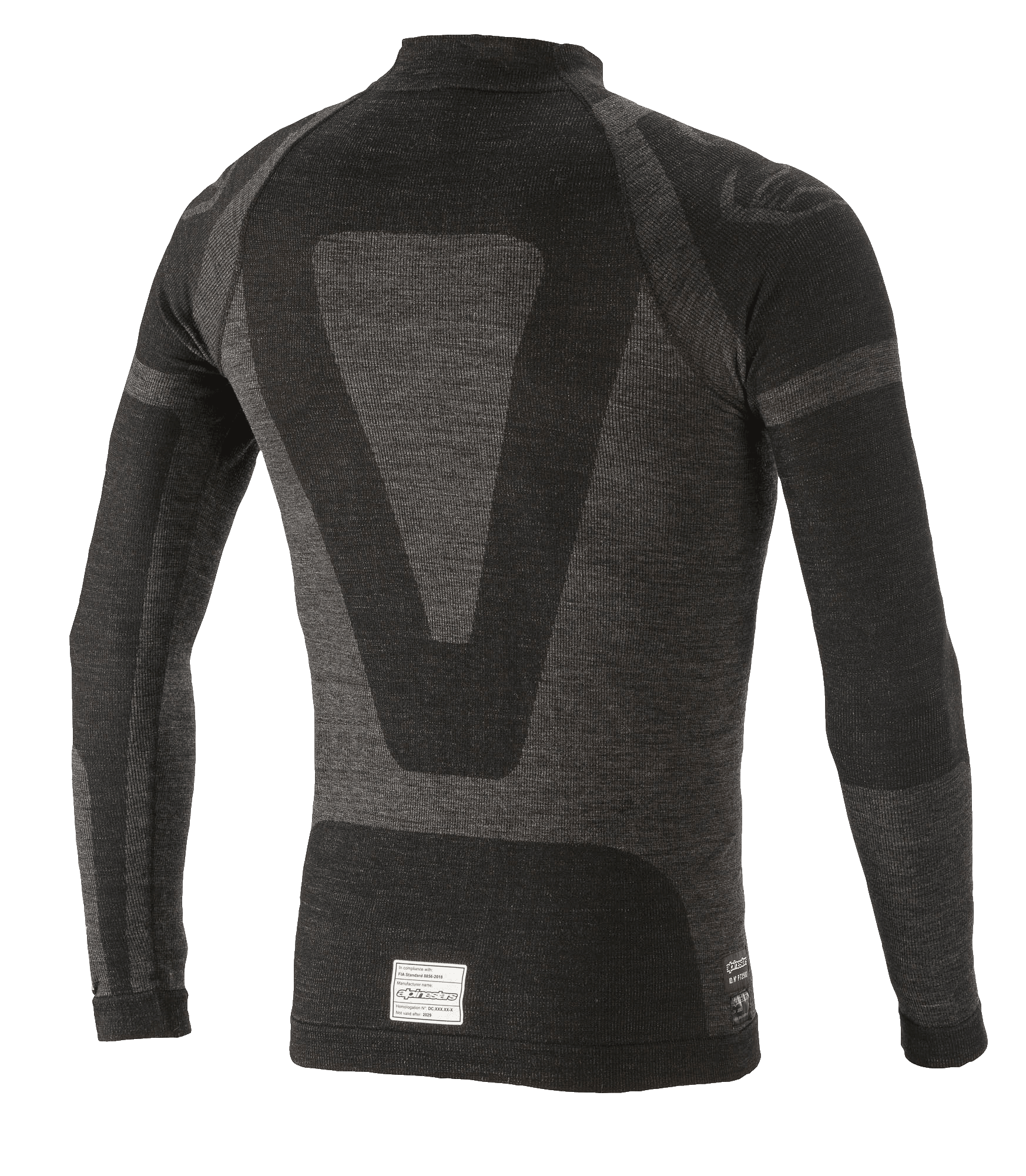 Alpinestars ZX Evo V2 langærmet top, base layer til motorsport, sort og grå, set bagfra med teknisk jacquard-design, sømløs tubulær konstruktion og FIA/SFI-certificeringsmærke ved kanten