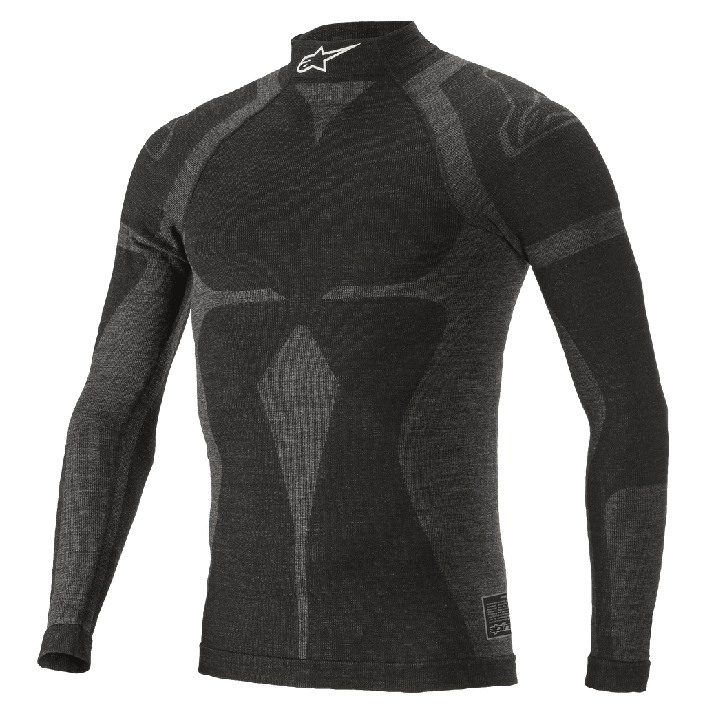 Alpinestars ZX Evo V2 langærmet top, baselayer-trøje til motorsport, sort og grå, høj krave med hvidt logo, jacquard-mønster, tætsiddende teknisk beklædning med let strikket tekstur