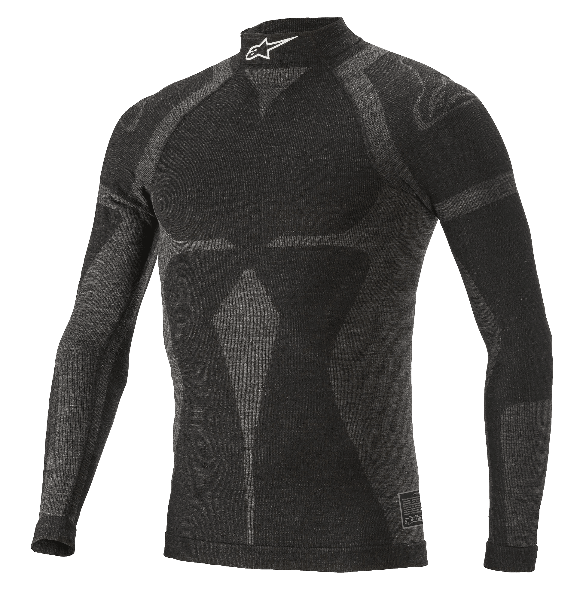 Alpinestars ZX Evo V2 langærmet top, baselayer-trøje til motorsport, sort og grå, høj krave med hvidt logo, jacquard-mønster, tætsiddende teknisk beklædning med let strikket tekstur