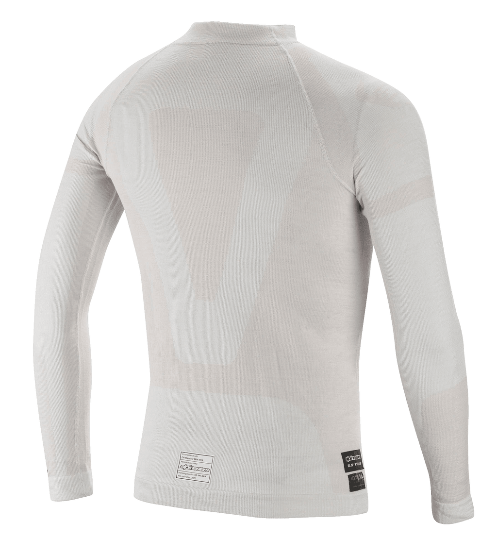Alpinestars ZX Evo V2 langærmet top, baselayer til motorsport, hvid-grå, set bagfra med letvægts sømløs tubulær konstruktion og FIA-certificeringsmærkater ved den nederste kant
