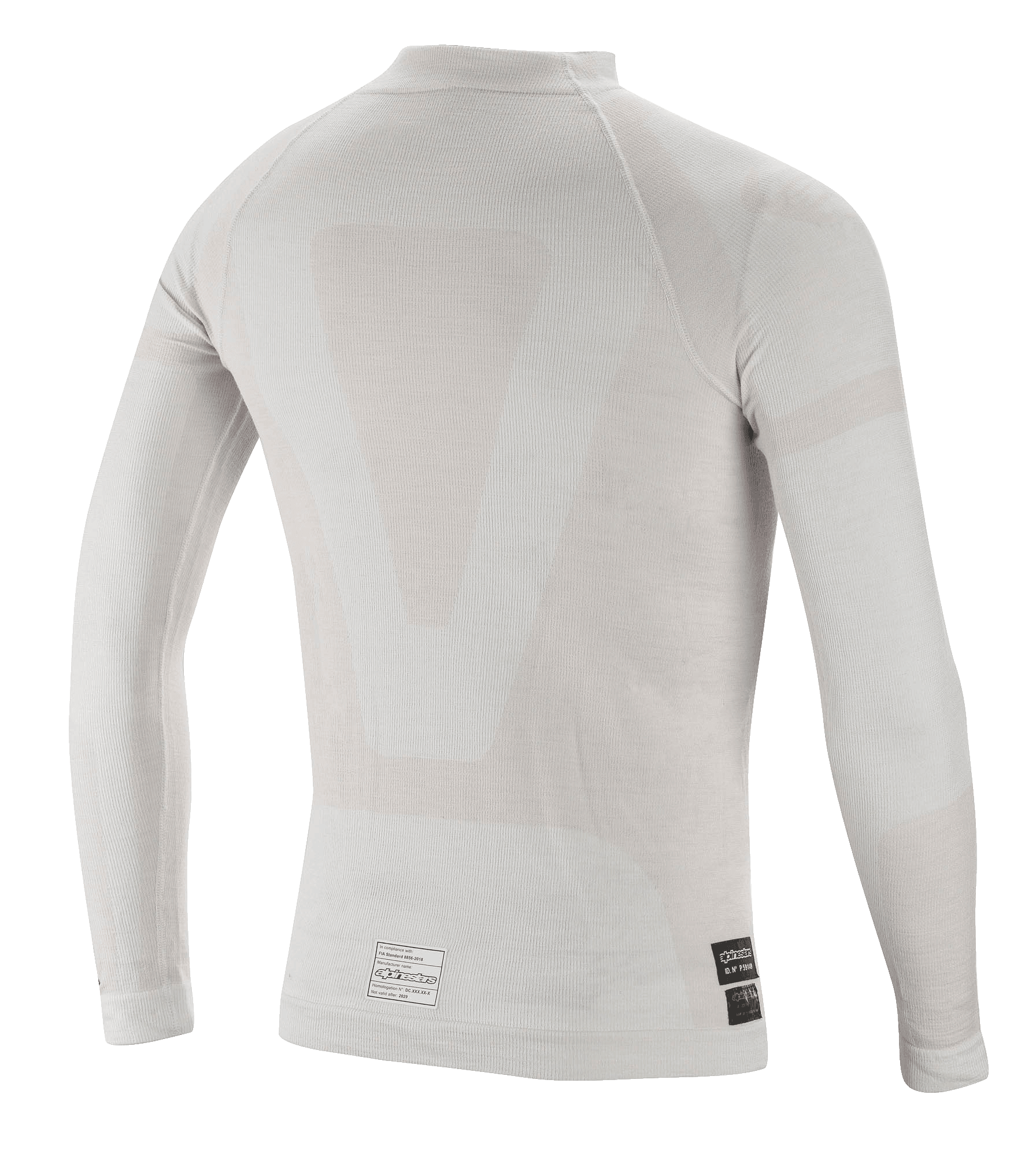 Alpinestars ZX Evo V2 langærmet top, baselayer til motorsport, hvid-grå, set bagfra med letvægts sømløs tubulær konstruktion og FIA-certificeringsmærkater ved den nederste kant